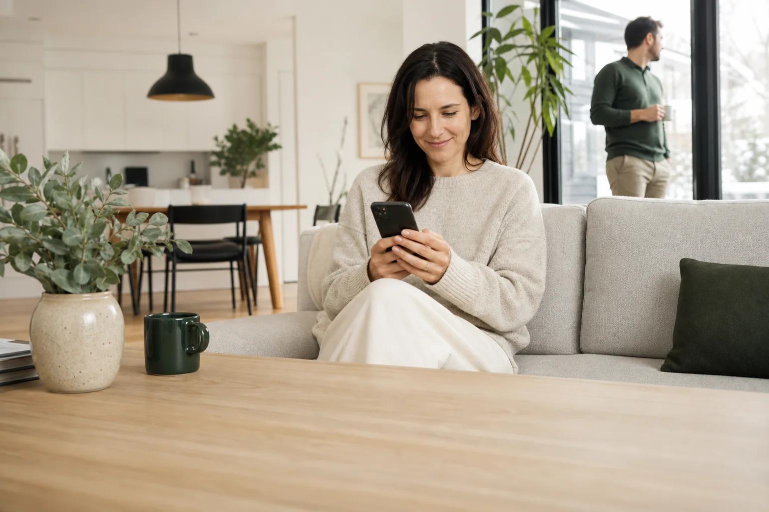 A homeowner consults her assessment from her living room